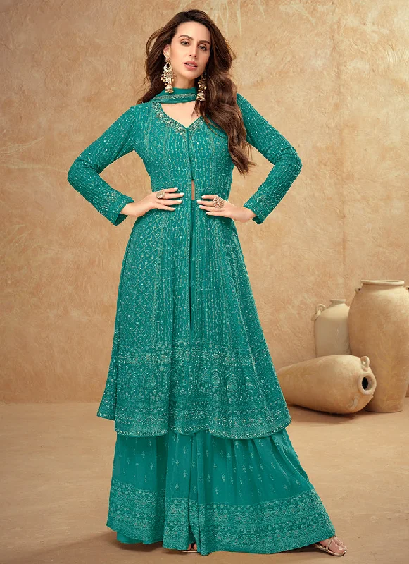 Final Clearance Teal Blue Traditional Embroidery Slit Style Anarkali Palazzo Suit