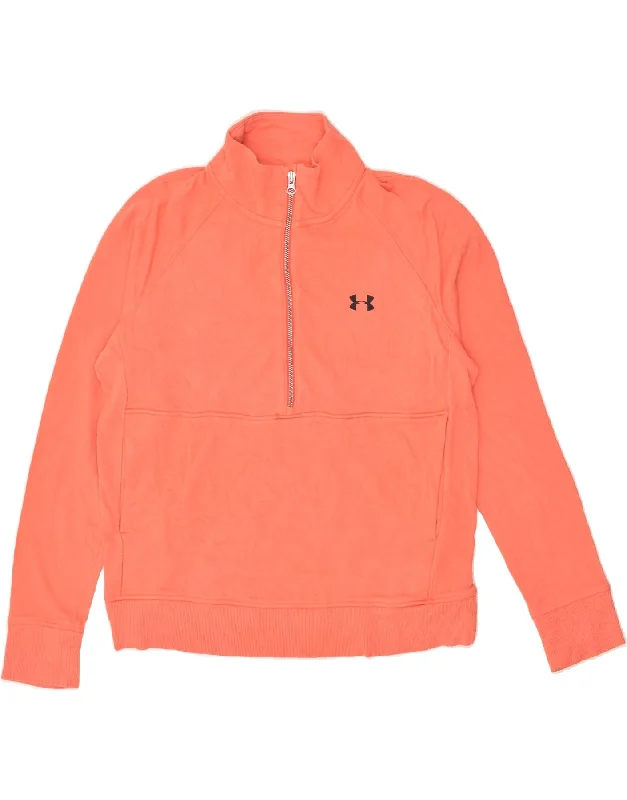 UNDER ARMOUR Womens Zip Neck Sweatshirt Jumper UK 14 Medium Orange Cotton