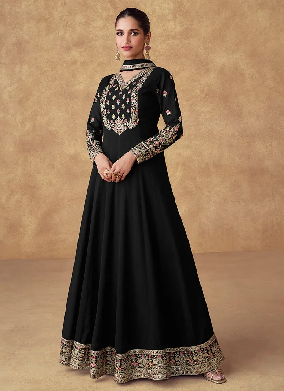 Super Savings Black Multi Embroidery Designer Anarkali Suit