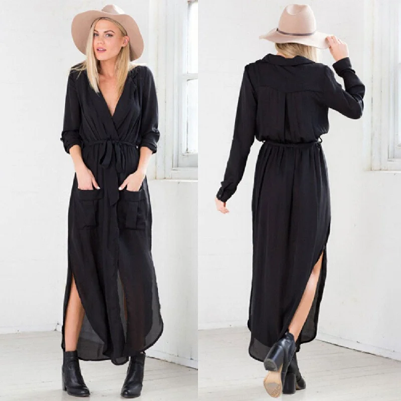 Instant Discount Irregular Chiffon Splicing Long Sleeve Split Dress