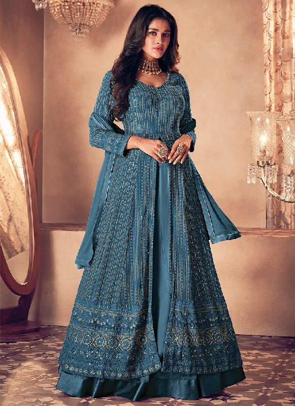 Price Reduction Blue Traditional Sequence Embroidered Wedding Anarkali Lehenga