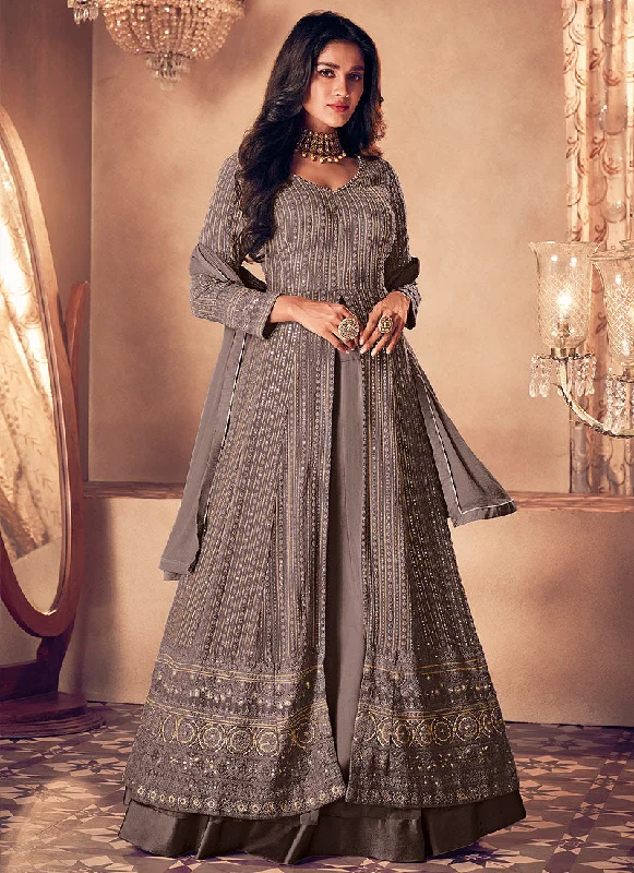 Online Only Grey  Traditional Sequence Embroidered Wedding Anarkali Lehenga