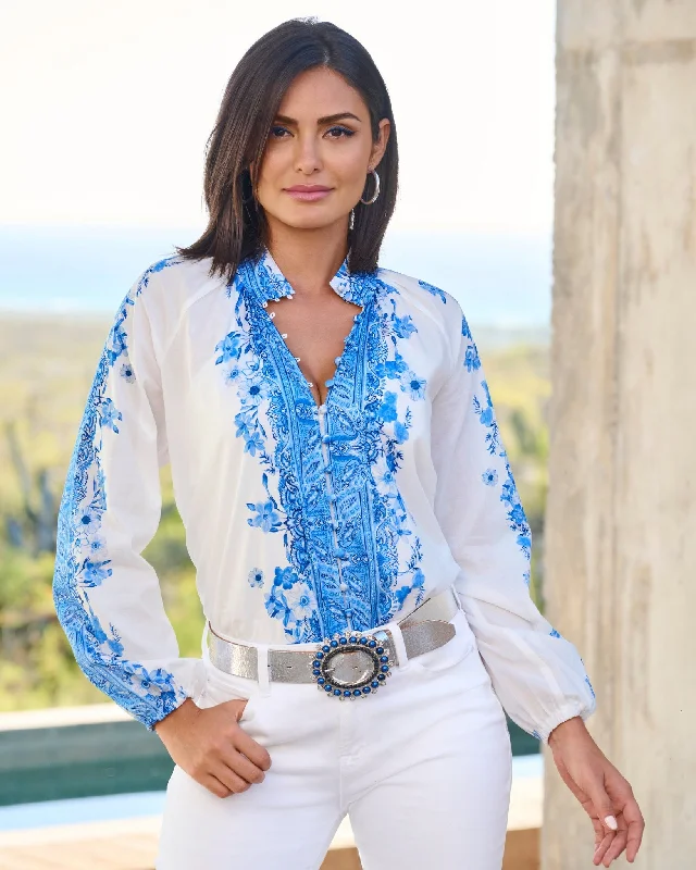 Year-End Sale Wildflower Blues Print Balloon-Sleeve Peasant Shirt Blue