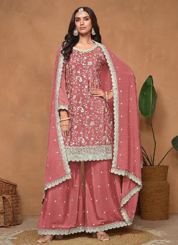 Special Discount Peach Embroidery Festive Palazzo Suit