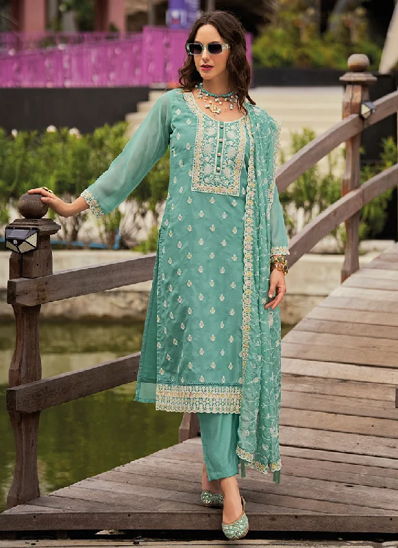 Final Sale Turquoise Traditional Embroidery Pant Style Suit