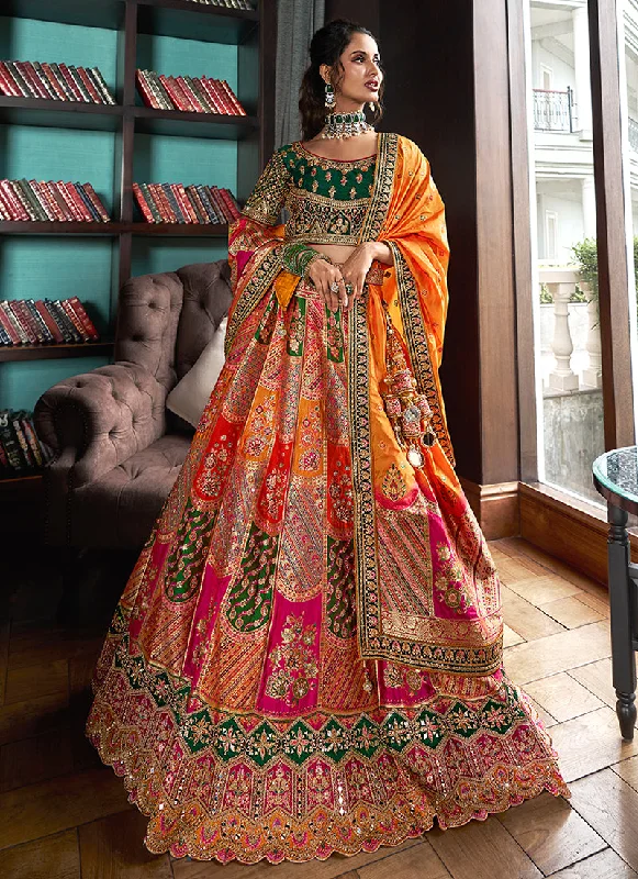Final Clearance Orange And Green Embroidered Bridal Lehenga Choli