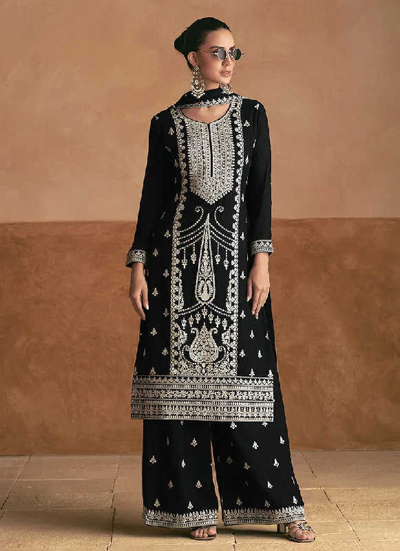 Lowest Price Black And White Thread Embroidery Palazzo Style Suit