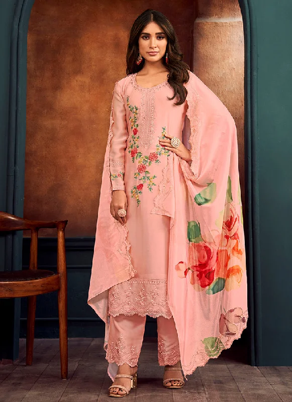 Doorbuster Deal Peach Thread Work Embroidery Pant Style Suit