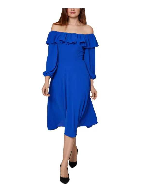 Limited Stock BCBGENERATION Womens Stretch Ruffled Long Sleeve Midi Evening Fit + Flare Dress