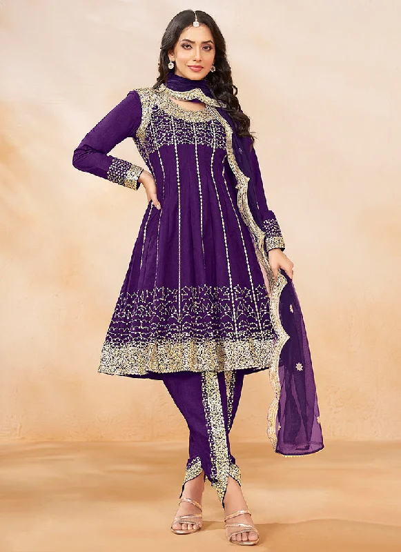 Daily Specials Purple Golden Embroidered Anarkali And Dhoti Style Pant Suit