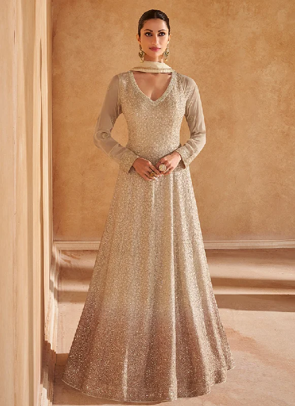 Huge Discounts Beige Rose Pink Ombré Chikankari Embroidery Designer Anarkali
