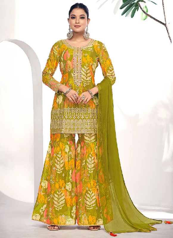 Fantastic Deals Green Golden Mirror Work Embroidery Gharara Suit