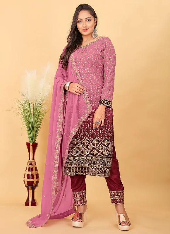 Exclusive Access Pink Red Ombré Georgette Pant Style Salwar Suit