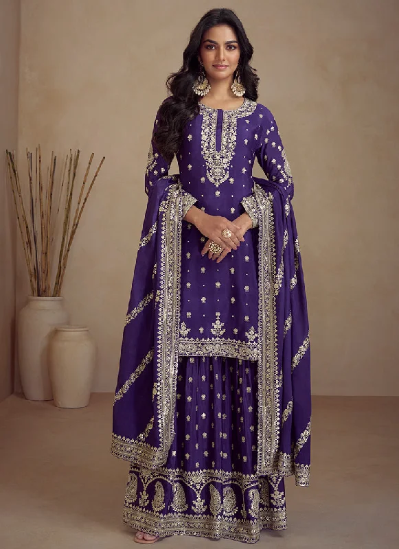 Huge Discounts Purple Embroidery Designer Sharara Suit