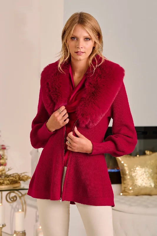 Limited Quantity Faux Fur Balloon Sleeve A Line Zip Up Cardigan Jester Red