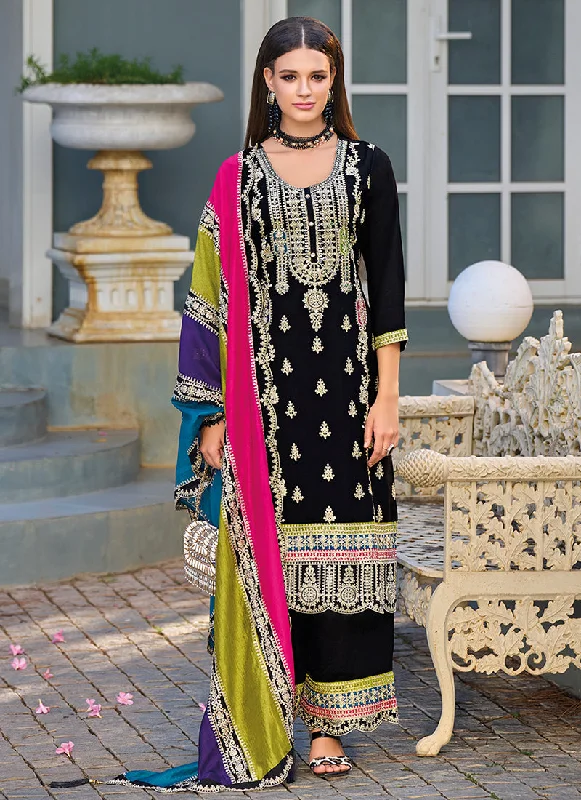 TIME-Limited Offer Black Multicolored Traditional Embroidery Pant Style Suit