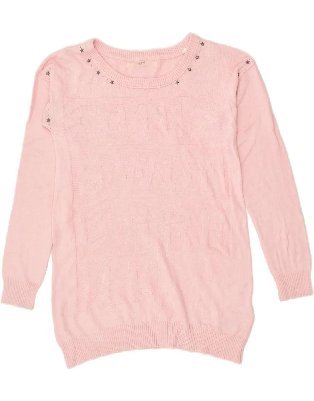 GUESS Womens Longline Graphic Boat Neck Jumper Sweater UK 6 XS Pink Cotton