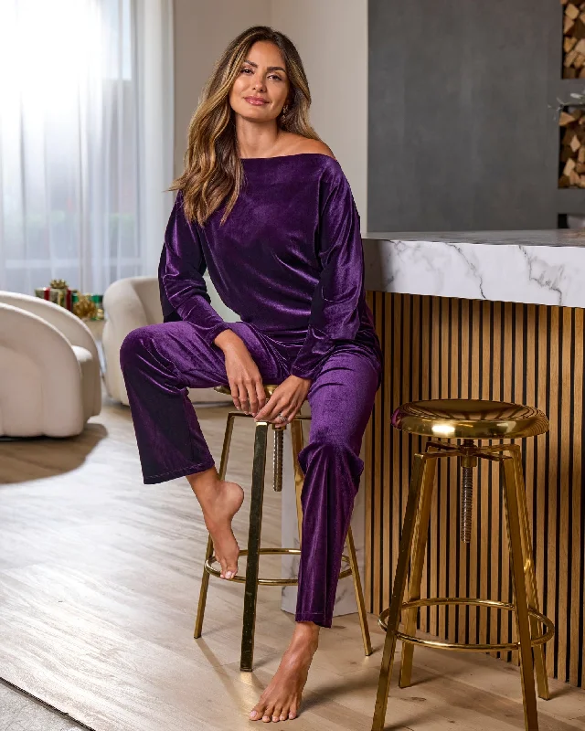 Final Clearance Chic Velour Slouchy and Wide Leg Lounge Set Deep Purple