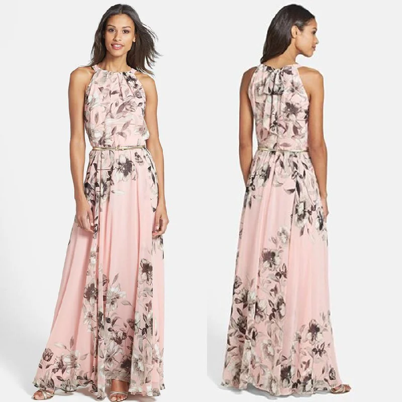 Final Markdown Chiffon Sleeveless Flower O-neck Bohemian Long Dress