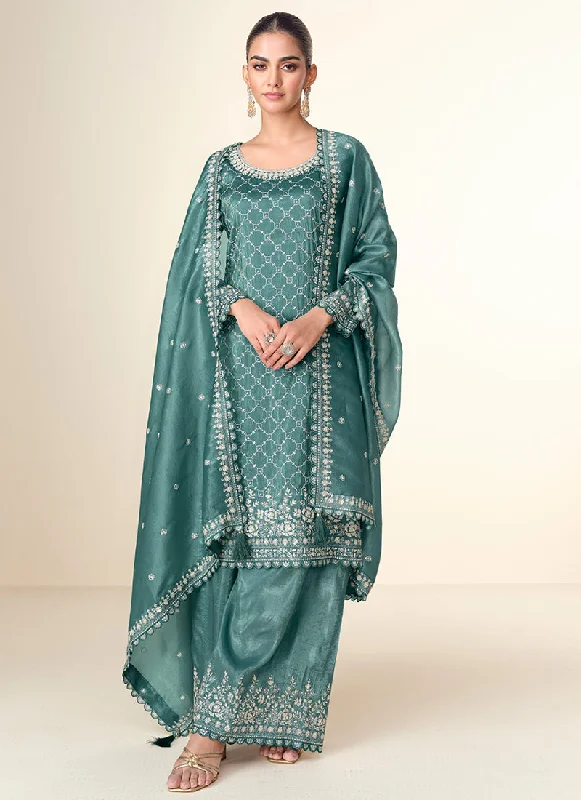 Special Discount Teal Blue Embroidery Party Wear Palazzo Suit