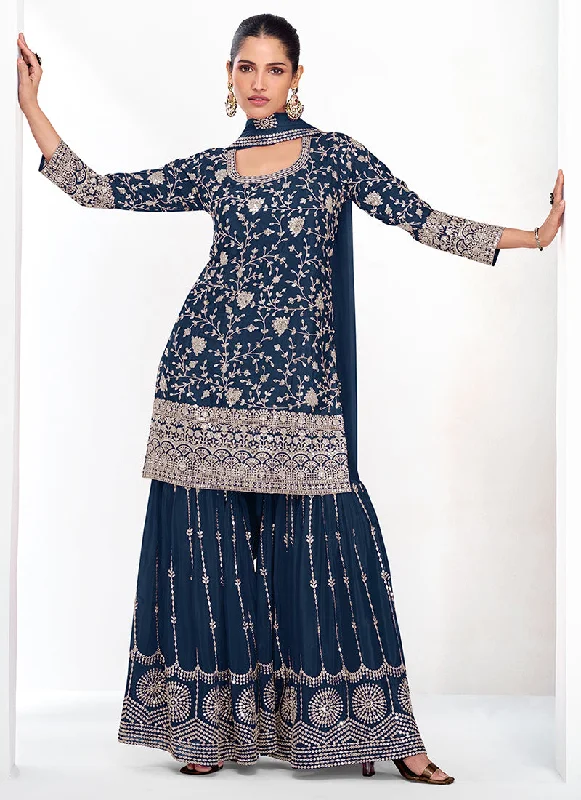 Don't Wait Dark Blue Traditional Embroidery Festive Gharara Suit