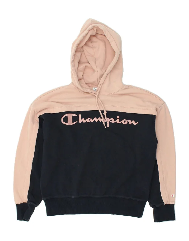 CHAMPION Womens Graphic Hoodie Jumper UK 14 Medium Beige Colourblock