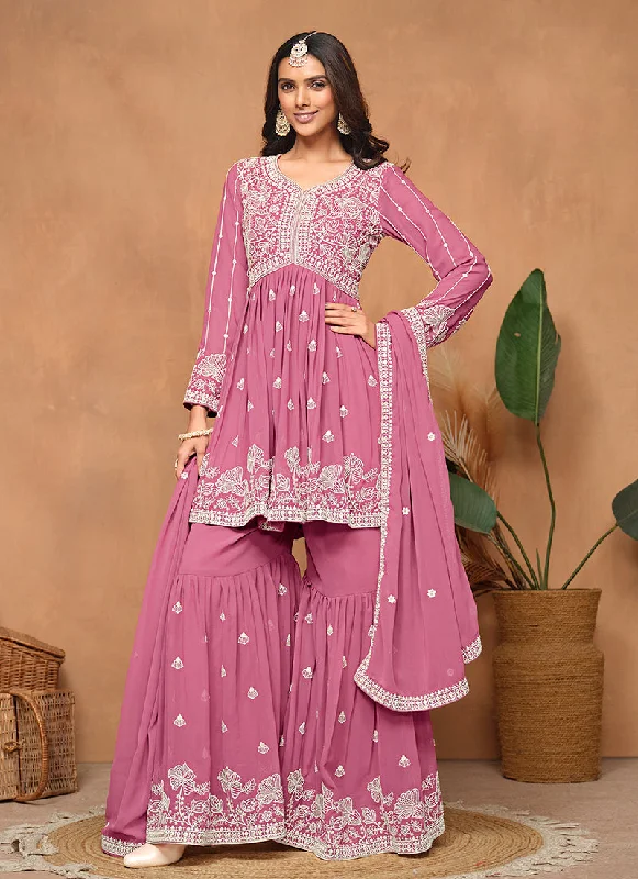 Reduced Prices Pink Thread Embroidery Georgette Gharara Suit