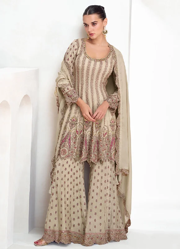 Holiday Sale Beige Multi Embroidery Gharara Style Suit