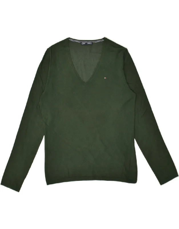 TOMMY HILFIGER Womens V-Neck Jumper Sweater UK 10 Small Green Cotton