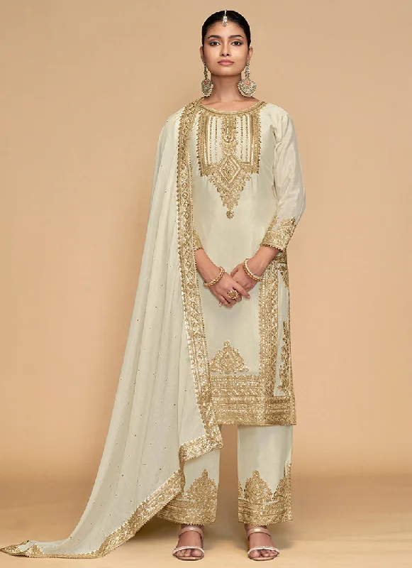 Reduced Prices Off-White Golden Embroidered Pakistani Pant Style Suit