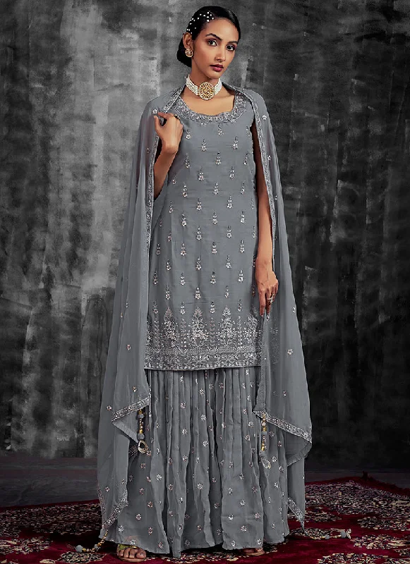 Price Cut Slate Grey Mirror Work Embroidery Georgette Gharara Suit