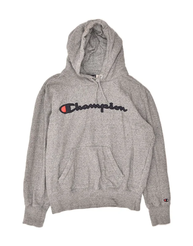 CHAMPION Womens Graphic Hoodie Jumper UK 14 Medium Grey Cotton