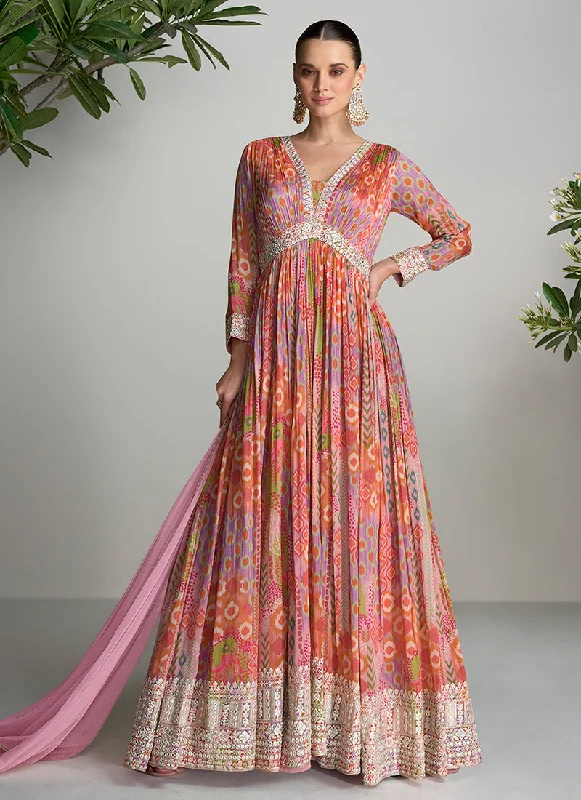 Bonus Savings Pink Floral Printed Handwork Embroidered Anarkali Gown