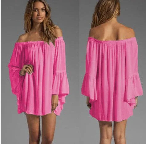 Weekend Deal Chiffon Off-shoulder Long Sleeves Irregular Short Dress