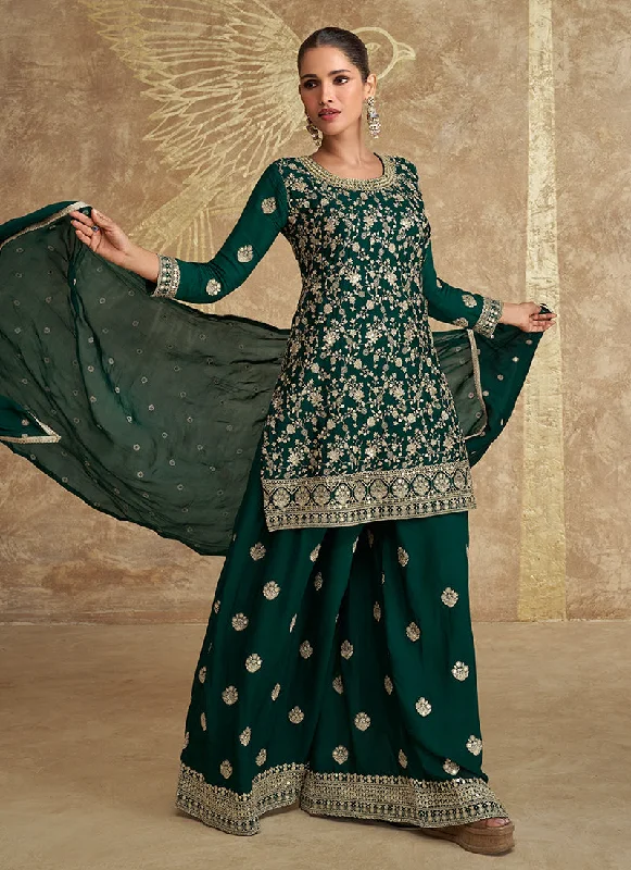 Super Bargain Dark Green Embroidery Designer Sharara Suit