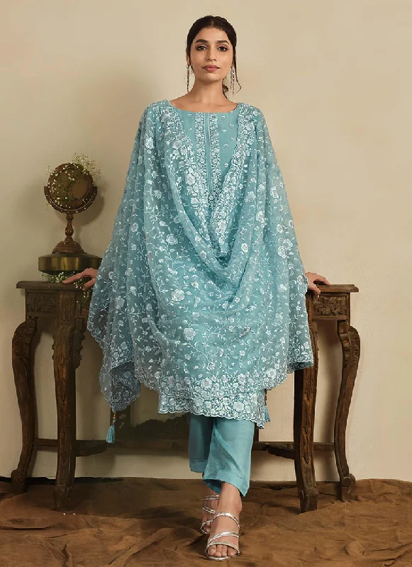 Special Discount Sky Blue Thread Work Embroidery Pakistani Pant Suit