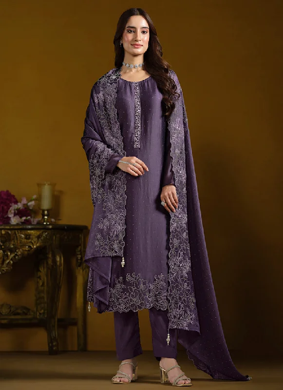 Overstock Rich Purple Embroidered Pakistani Suit