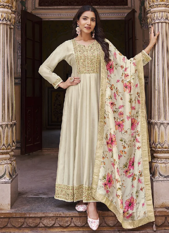 Price Rollback Off White Multi Embroidery Silk Anarkali Dress