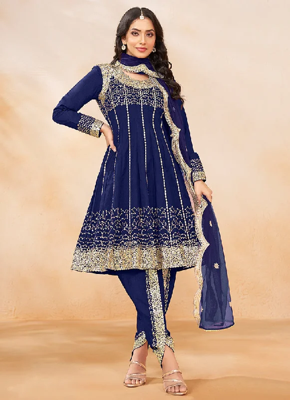 Buy More, Save More Blue Golden Embroidered Anarkali And Dhoti Style Pant Suit