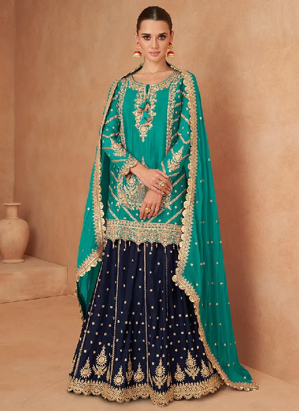 Price Drop Turquoise And Blue Embroidered Wedding Lehenga Kurti
