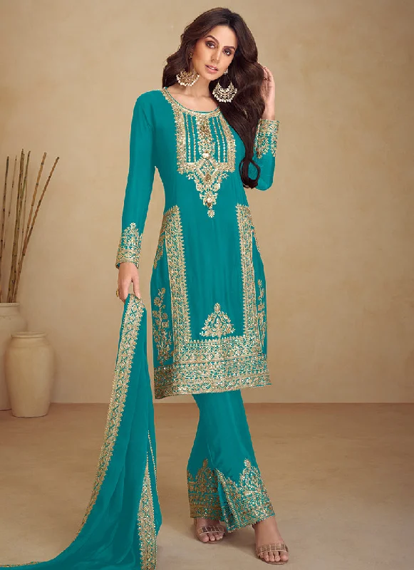 New Markdowns Turquoise Golden Embroidered Pakistani Pant Style Suit