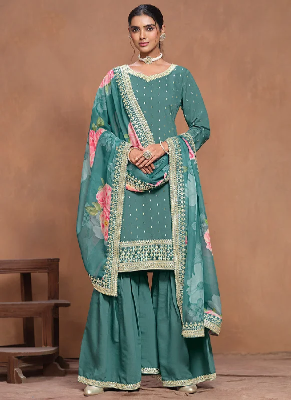 Savings Alert Teal Blue Embroidered Silk Gharara Suit