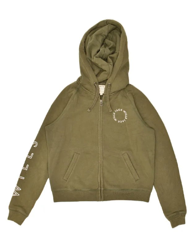 JACK WILLS Womens Graphic Zip Hoodie Sweater UK 12 Medium  Khaki Cotton