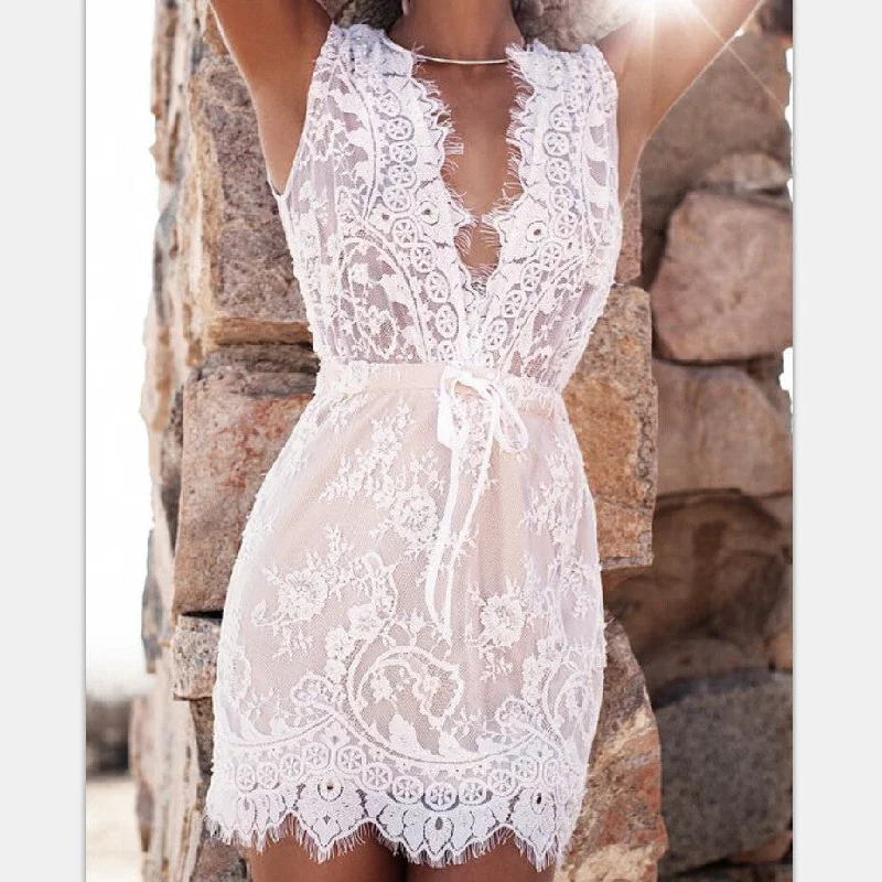 Limited Time Offer White Transparent Deep V-neck Sleeveless Lace Short Dress