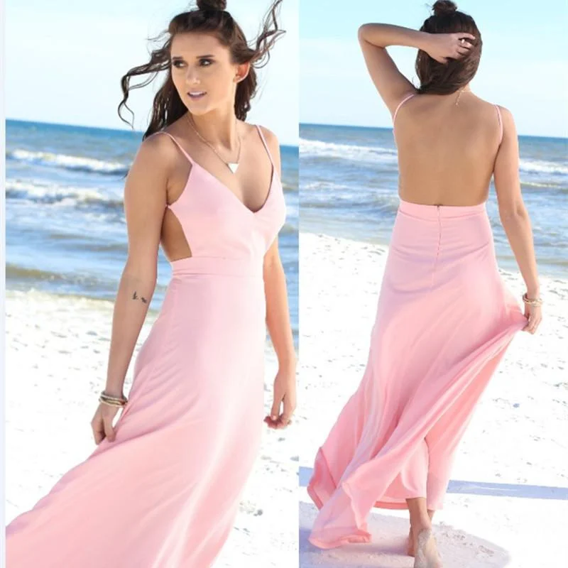 Bonus Savings Spaghetti Strap Backless V-neck Sleeveless Long Dress