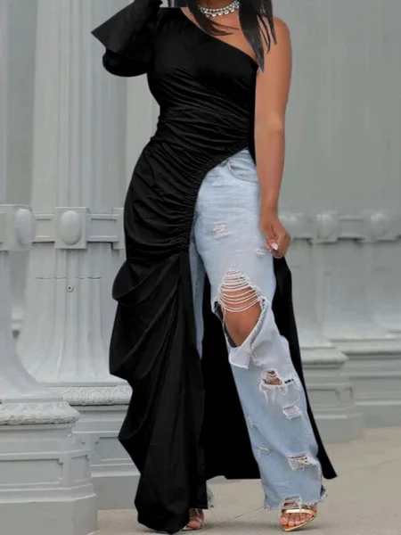 Daily Deals Side-Cut Slim-Fitting  Long-Sleeved Slanted-Shoulder Dress HC2C59KCNN