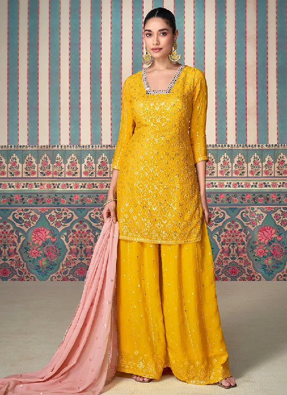 Holiday Sale Yellow And Pink Designer Embroidery Chinnon Sharara Suit