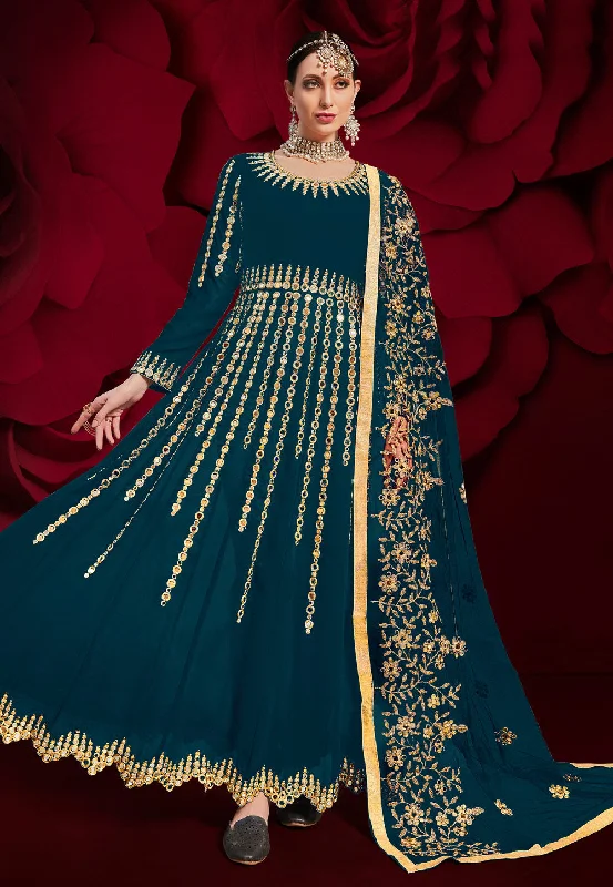 Lowest Prices Turquoise Golden Mirror Work Flared Anarkali Pant Suit