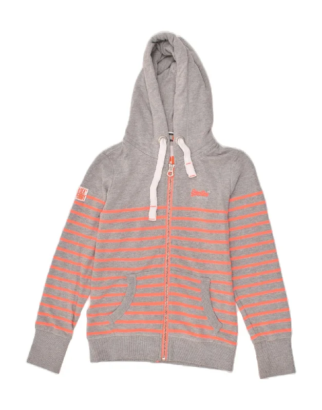 SUPERDRY Womens Zip Hoodie Sweater UK 10 Small Grey Striped Polyester