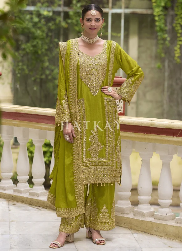 Don't Miss Lime Green Golden Embroidered Pakistani Palazzo Style Suit